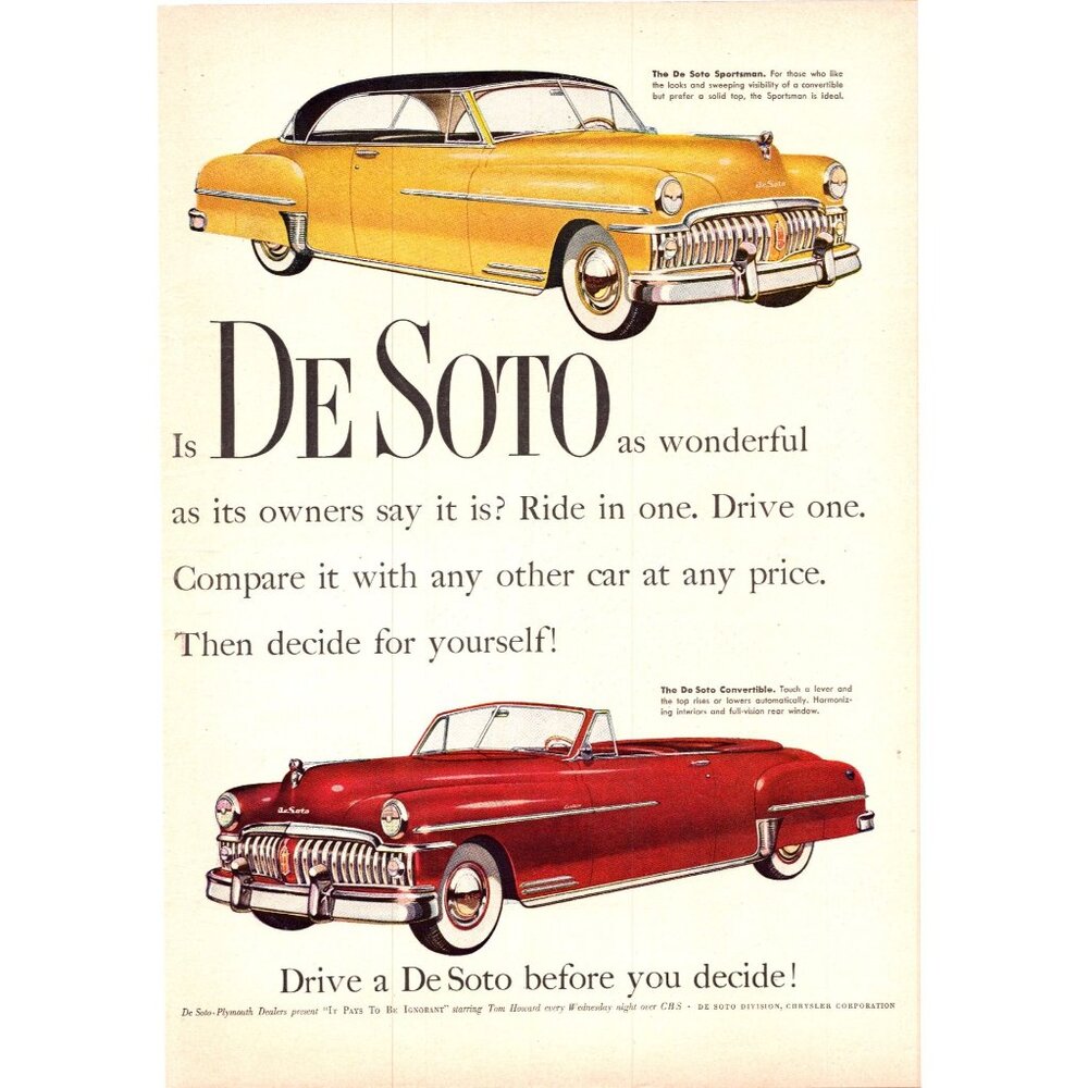 1950 DeSoto Sportsman Coupe & Convertible Vintage Print Ad Classic Car Wall Art